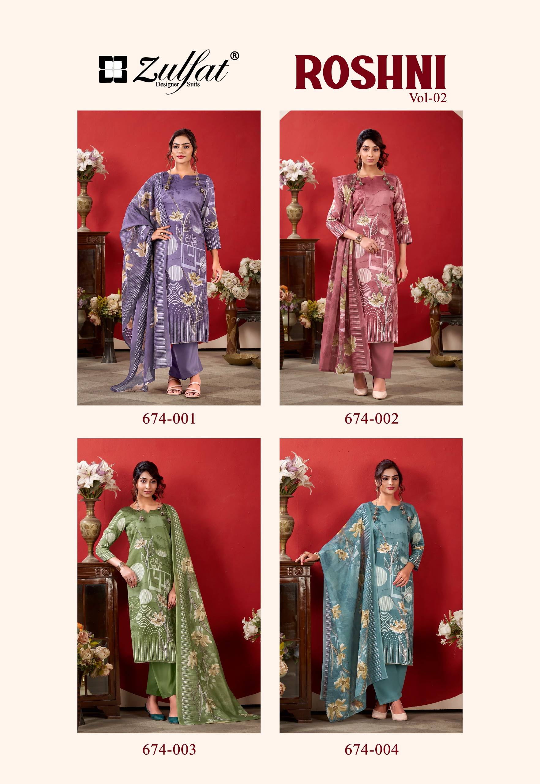 ROSHNI VOL 2 By Zulfat 01 To 04 Series Designer Suits Beautiful Pakistani Suits Wear Pure Cotton Dresses At Wholesale Price